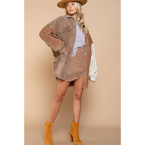 POL Patchwork Corduroy Jacket in Brown and Cream - Picture 6 of 8